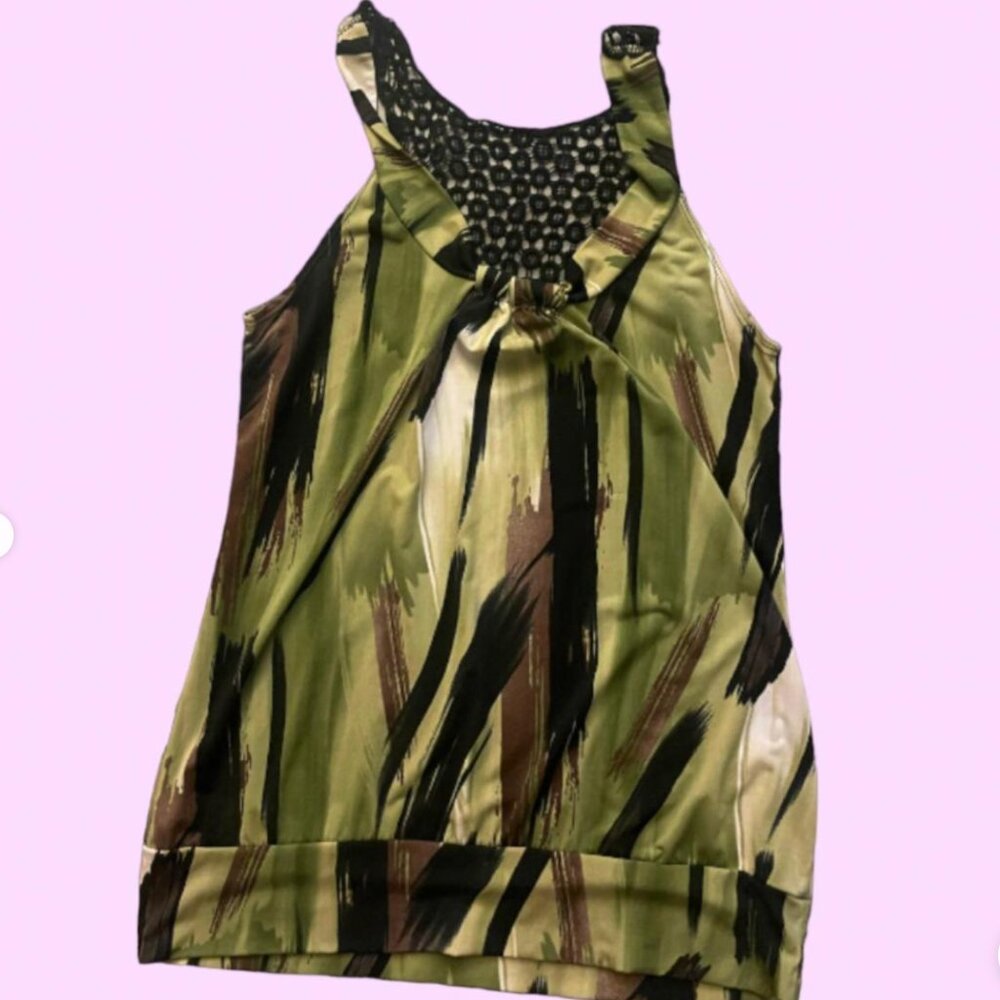 Vintage Adgenda Multi-Tone Green Brown Black Abstract Sleeveless Blouse